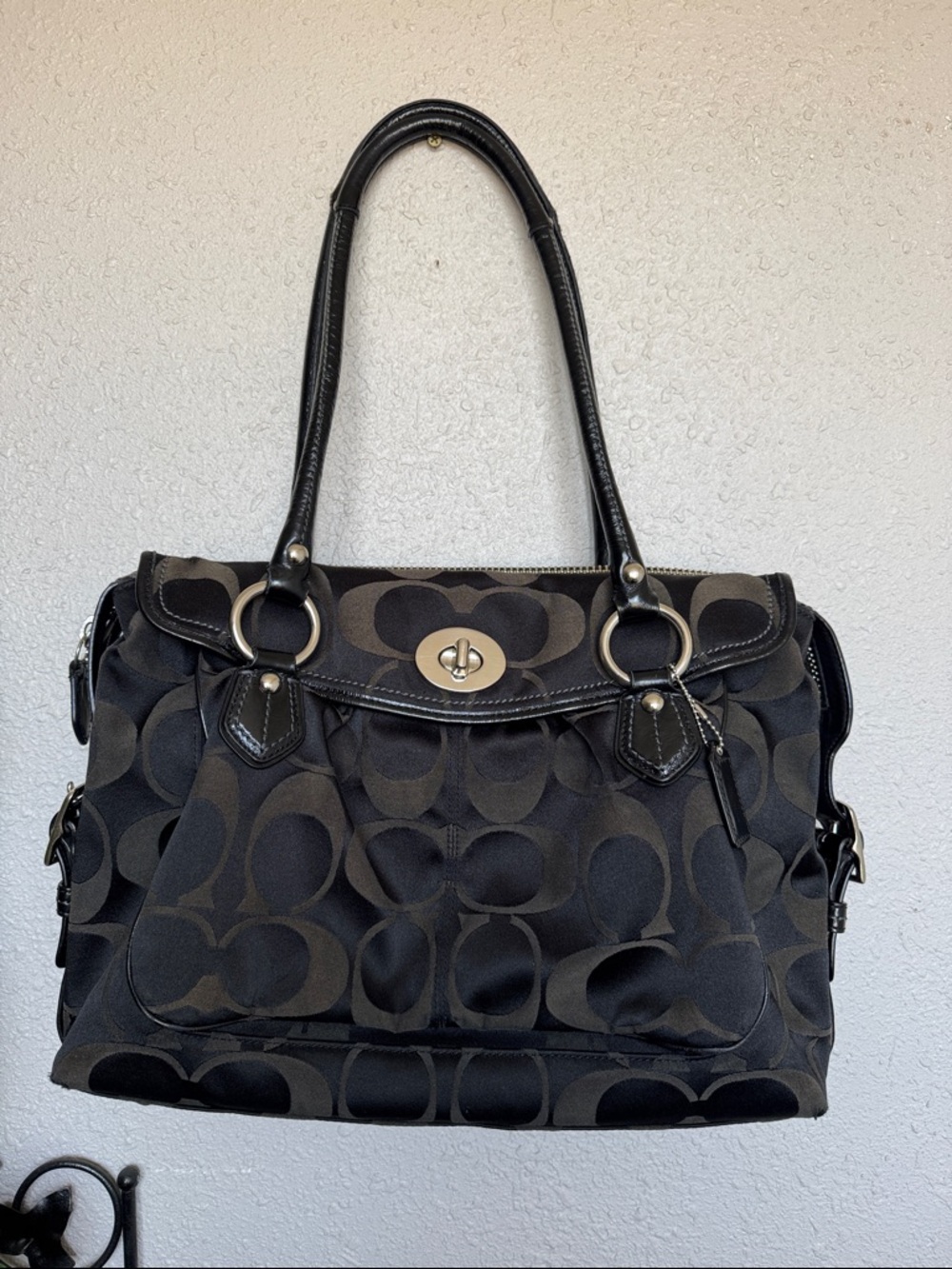 Coach Black Signature Canvas Shoulder Bag with Turnlock